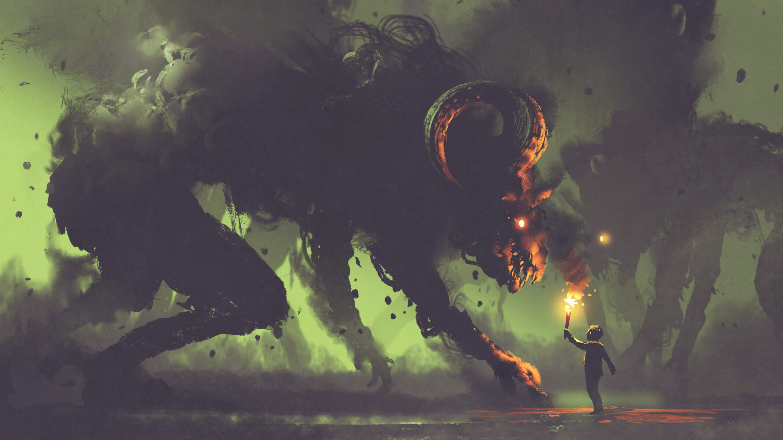 dark-fantasy-concept-showing-boy-with-torch-facing-smoke-monsters-with-demon-s-horns-digital-art-style-illustration-painting