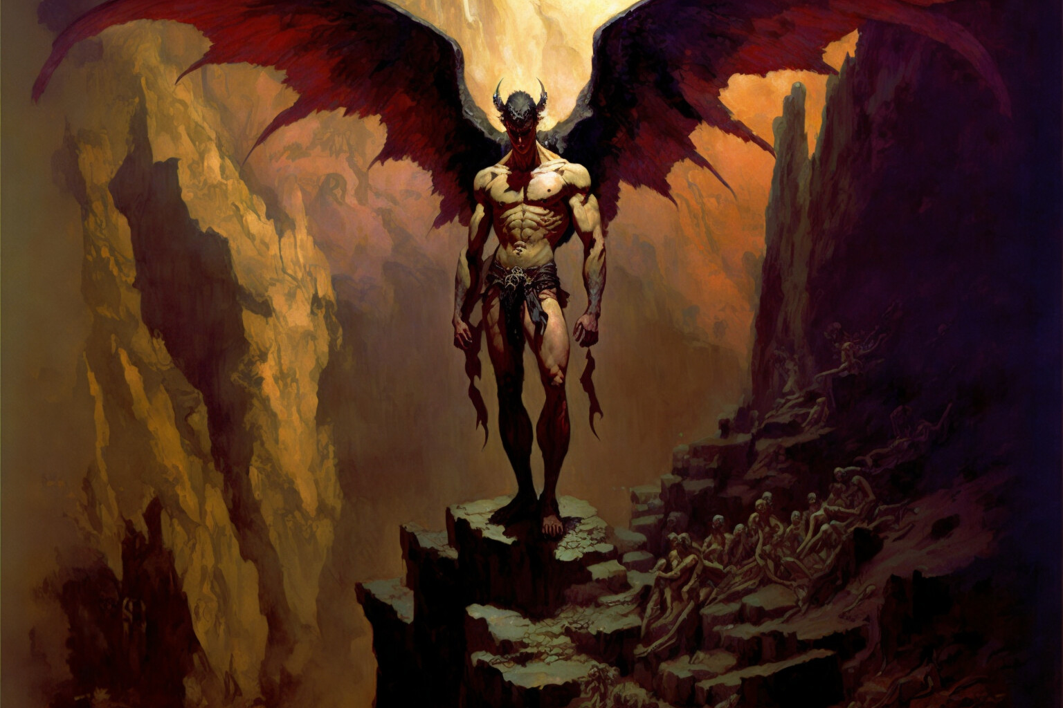 Edward Denton, [Ai] ART IS DEAD: LONG LIVE ART: ANGER – 02 series, Full body epic scene satan standing on cliff looking down, Midjourney artwork, 2023.